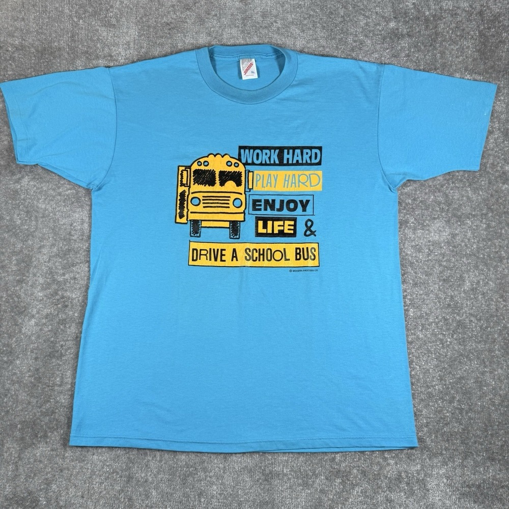 Vintage Jerzees T-Shirt XL Blue Short Sleeve Crew Neck Drive A School Bus USA